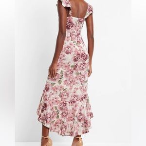 Satin Floral Print Ruffle Hi-Lo Maxi Dress